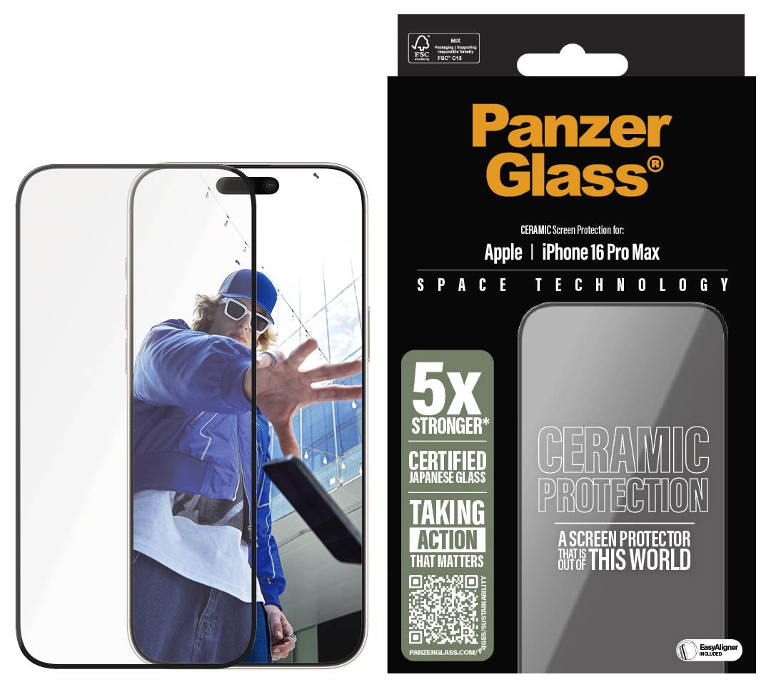 'Panzer Glass' Verpackung für iPhone 16 Pro Max, verspricht 5-fache Stärke und keramischen Schutz. Bild von Handy mit installierter Schutzfolie.