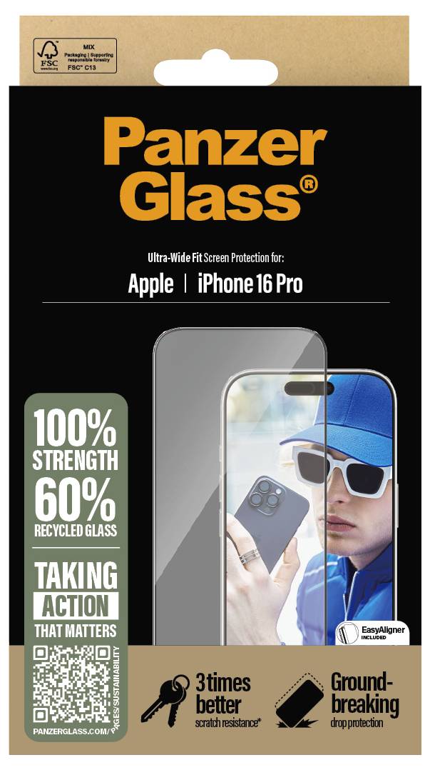 Verpackung von PanzerGlass Displayschutz für Apple iPhone 16 Pro. Hergestellt aus 60% recyceltem Glas, verspricht 100% Stärke.