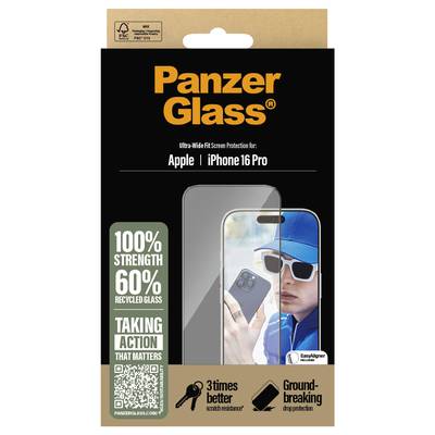 Verpackung von PanzerGlass Displayschutz für Apple iPhone 16 Pro. Hergestellt aus 60% recyceltem Glas, verspricht 100% Stärke.