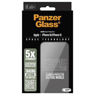 'PanzerGlass' Displayschutzverpackung für iPhone 15/16 mit Keramikschutz, wirbt mit '5x stärker', 'zertifizierte japanische Glasqualität'.