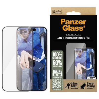 Smartphone mit PanzerGlass Displayschutz und Originalverpackung, schützt iPhone 16 Plus/15 Plus, 100% Stärke, 60% recyceltes Glas.