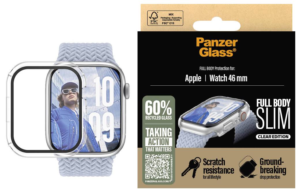 PanzerGlass Vollkörperschutz für Apple Watch 46 mm. Verpackung zeigt Displayabdeckung und stilisierte Uhr mit "10:09". Hochwertig, kratzfest, recyceltes Glas.