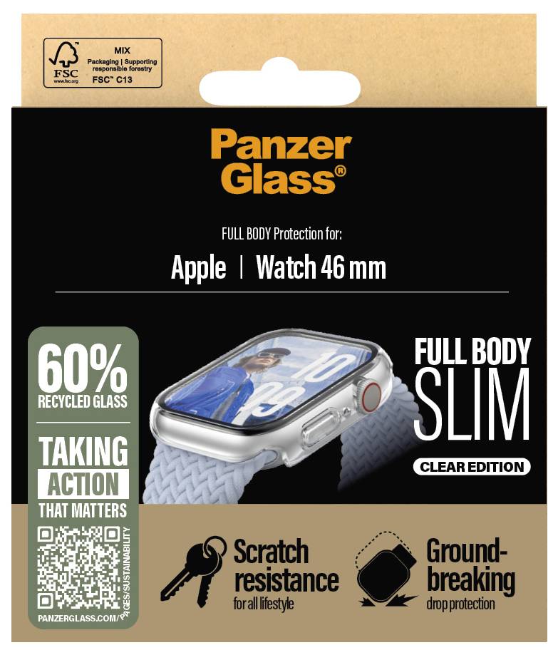 Verpackung einer Displayschutzfolie für die Apple Watch 46 mm von PanzerGlass. Enthält Details zu Schutz, recyceltem Glas und Funktionen.