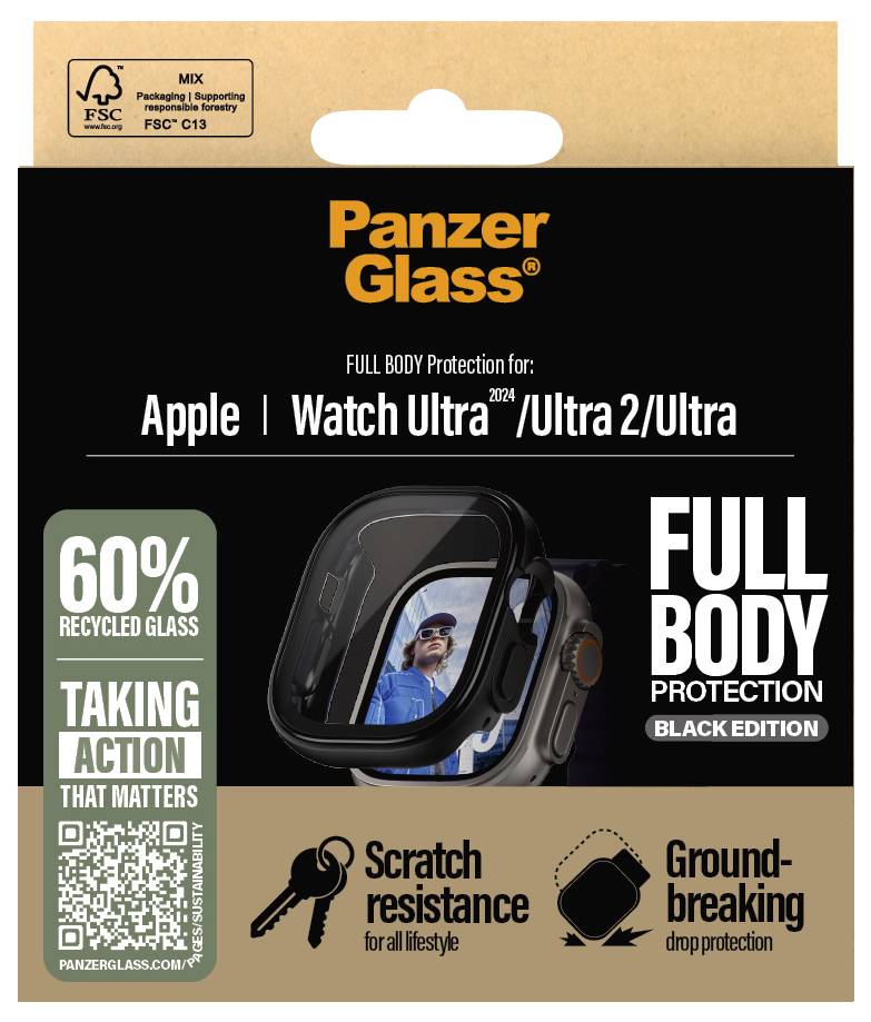 'PanzerGlass FULL BODY Protection' Verpackung für Apple Watch, 60% recyceltes Glas, kratzfest, sturzsicher. Black Edition.