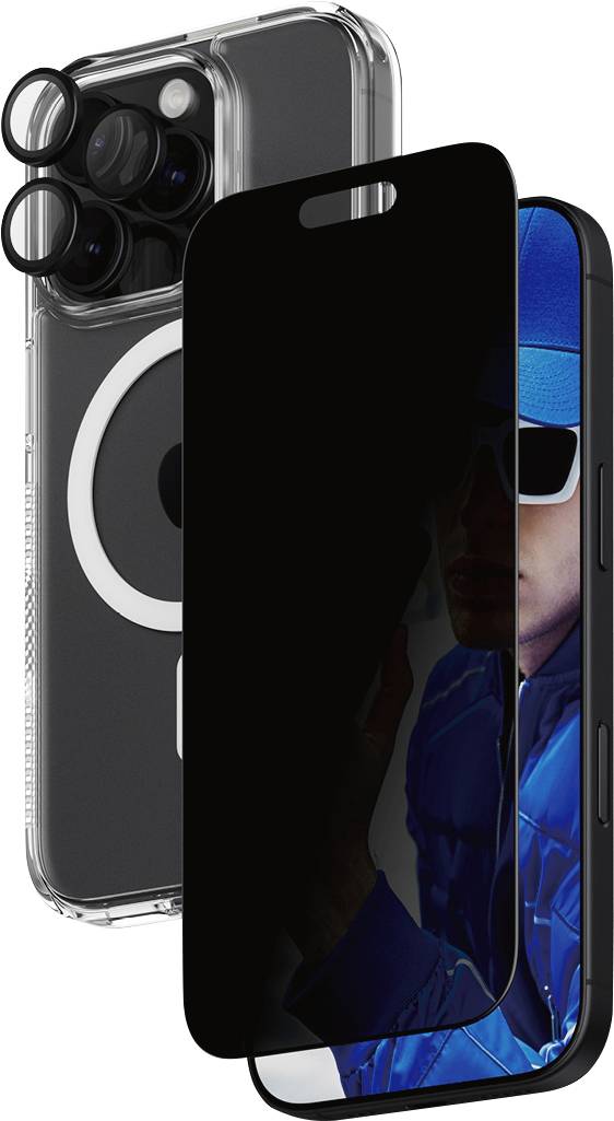 Zwei Mobiltelefone, eines zeigt die Rückseite mit drei Kameralinsen, das andere die Vorderseite mit einer Person in blauer Kleidung und Sonnenbrille.