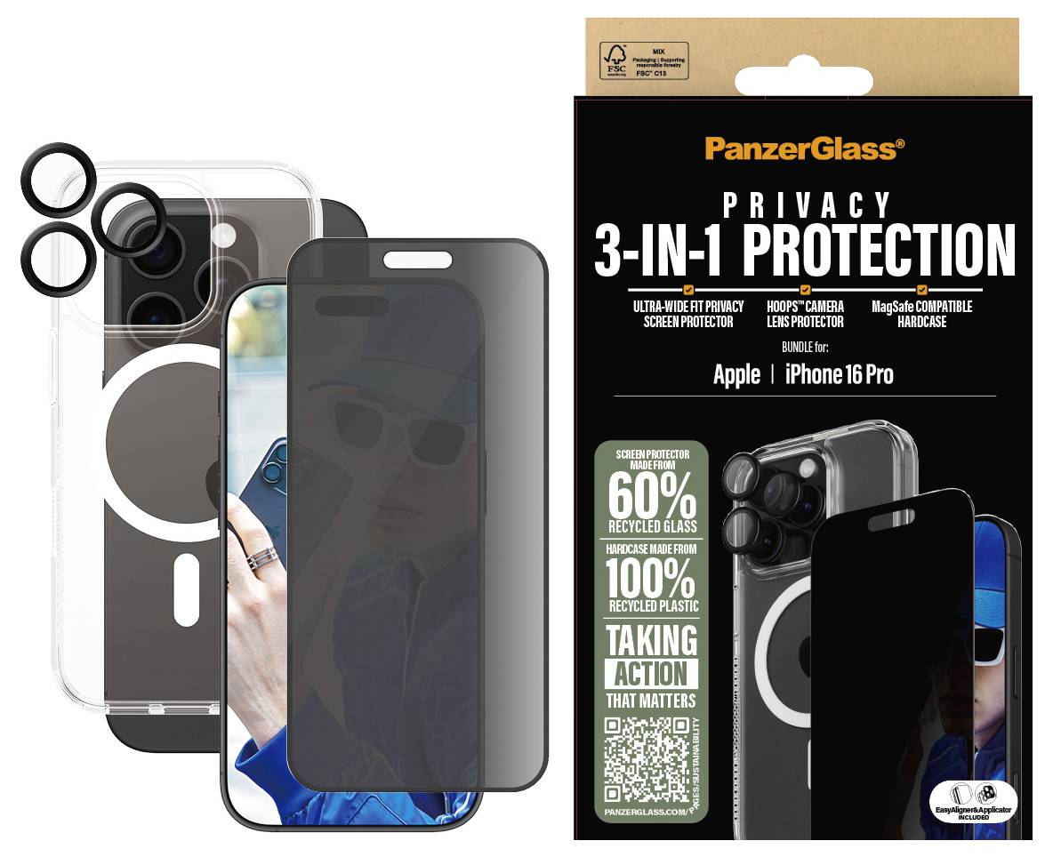 Verpackung von PanzerGlass 'Privacy 3-in-1 Protection' für iPhone 16 Pro. Enthält Displayschutz, Kameraschutz und Hülle.