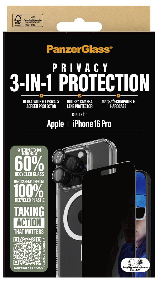 Verpackung einer PanzerGlass Privacy 3-in-1 Schutzfolie für Apple iPhone 16 Pro, enthält Bildschirm-, Kamera-, und Hartschalenschutz.