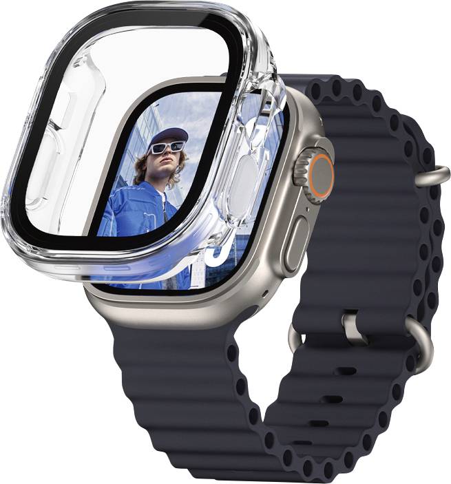 Eine Smartwatch mit schwarzem Band und transparentem Gehäuse, die ein Bild einer Person mit Sonnenbrille und blauem Hemd zeigt.