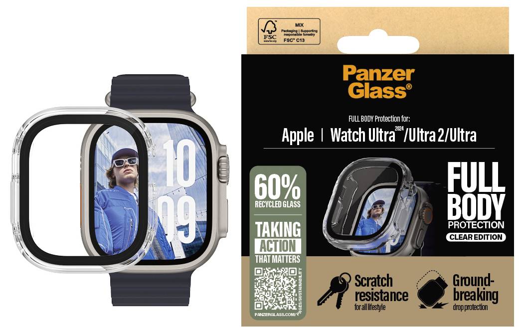 'Schutzfolie für Apple Watch Ultra/Ultra 2. Panorama eines Mannes mit blauer Jacke auf Uhrbildschirm. 60% recyceltes Glas, kratzresistent.'