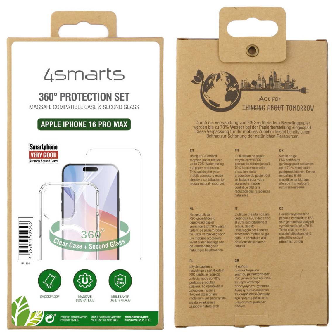 Eine Packung mit der Aufschrift '360° Protection Set' für das Apple iPhone 16 Pro Max, inklusive Hülle und Schutzglas.