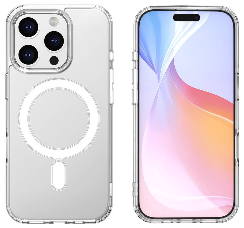 Smartphone von vorne und hinten gezeigt. Rückseite mit drei Kameralinsen; Vorderseite mit farbigem Display und schmalem Rahmen.