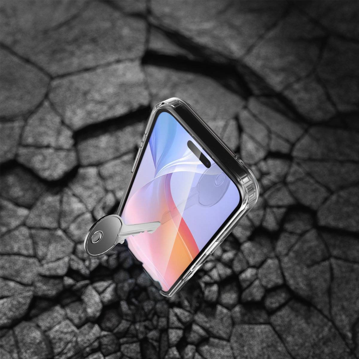 Ein Smartphone mit Regenbogen-Bildschirm schwebt über rissigem Boden, durchstochen von einem großen Metallschlüssel.
