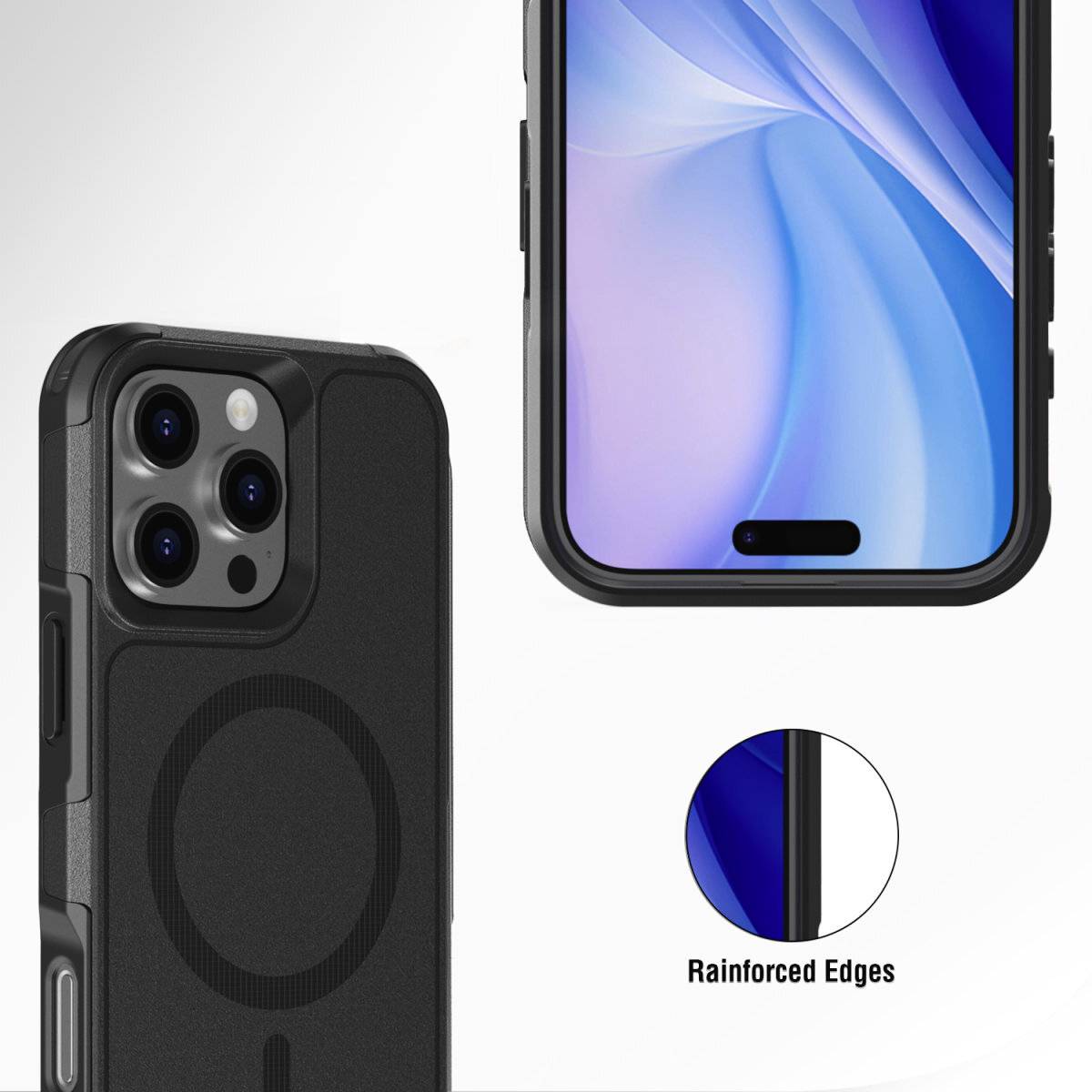 Smartphone mit Schutzhülle, verstärkte Ecken, MagSafe-Kompatibilität. Das Display zeigt ein abstraktes, blau-lila Muster.