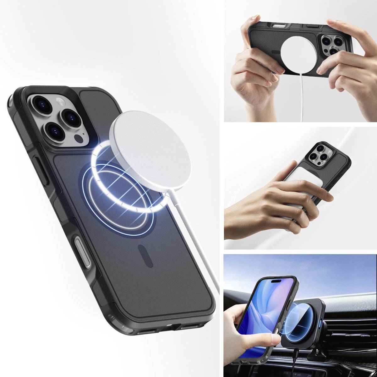 Ein Smartphone wird in drei Szenarien gezeigt: Ein schwarzes Case mit ringförmigem Magnet wird angebracht, ein weiteres ähnliches Case wird in den Lüftungsschlitz eines Autos befestigt und das Handy damit verbunden.