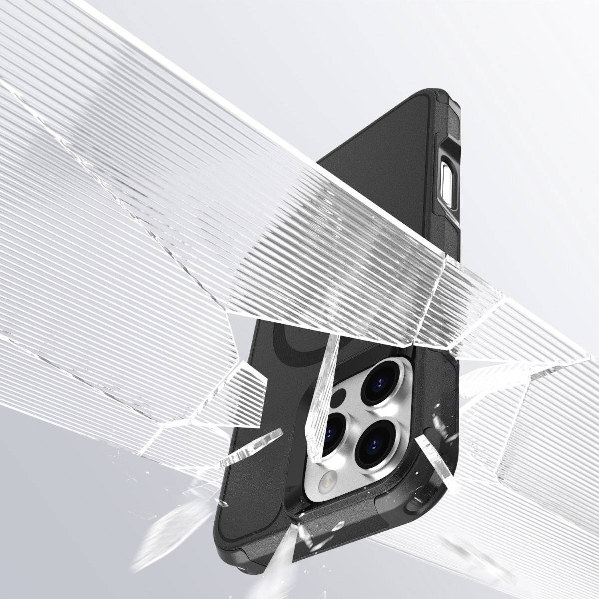 Ein Smartphone in einer schwarzen Hülle fällt auf ein zerbrochenes Glas, das den Aufprall darstellt. Der Fokus liegt auf der Haltbarkeit der Hülle.