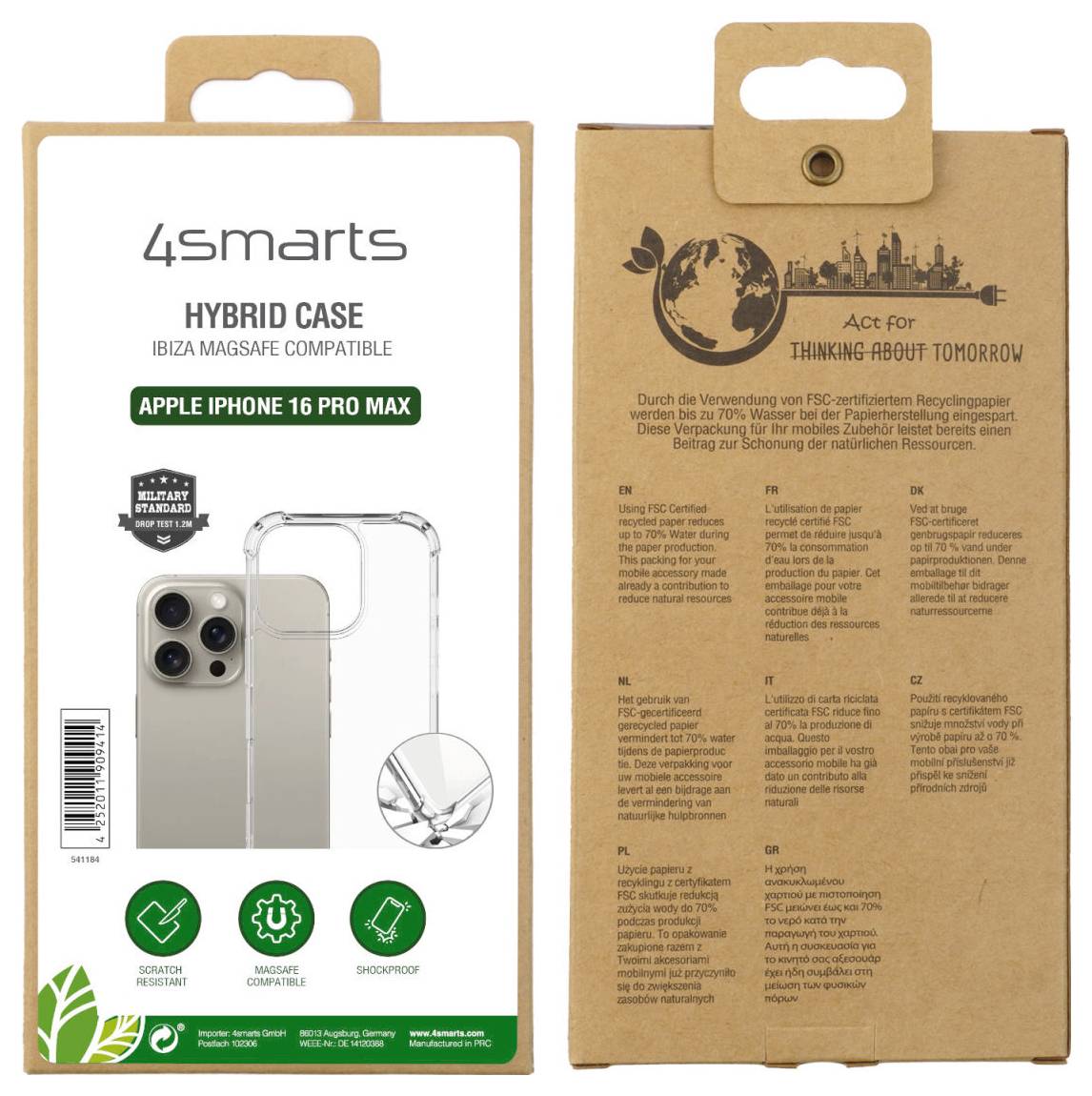 '4smarts Hybrid Case' Verpackung für Apple iPhone 16 Pro Max. Transparentes Design, stoßfest, kratzfest, MagSafe-kompatibel. Nachhaltig verpackt.