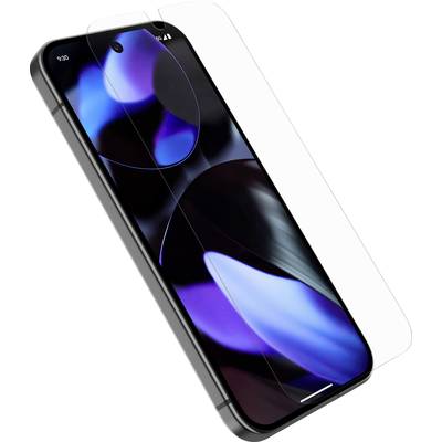 Smartphone mit schützendem, transparentem Displayschutz, Display zeigt blau-schwarze abstrakte Formen.