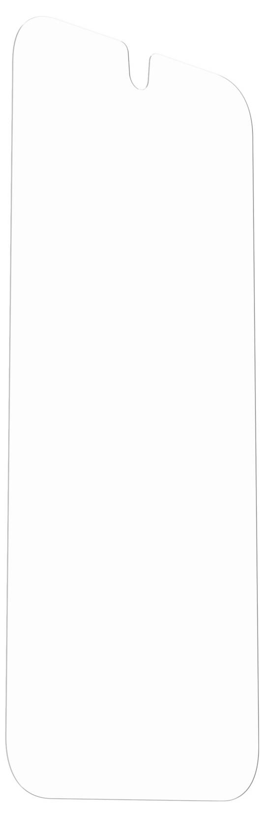 Eine transparente Displayschutzfolie für ein Smartphone, länglich geformt mit leichtem Ausschnitt oben für Sensoren oder Kamera.