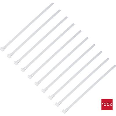 Elf weiße Kabelbinder in einer Reihe, horizontale Ausrichtung. Rechts unten ein rotes Quadrat mit der Aufschrift '100x'.