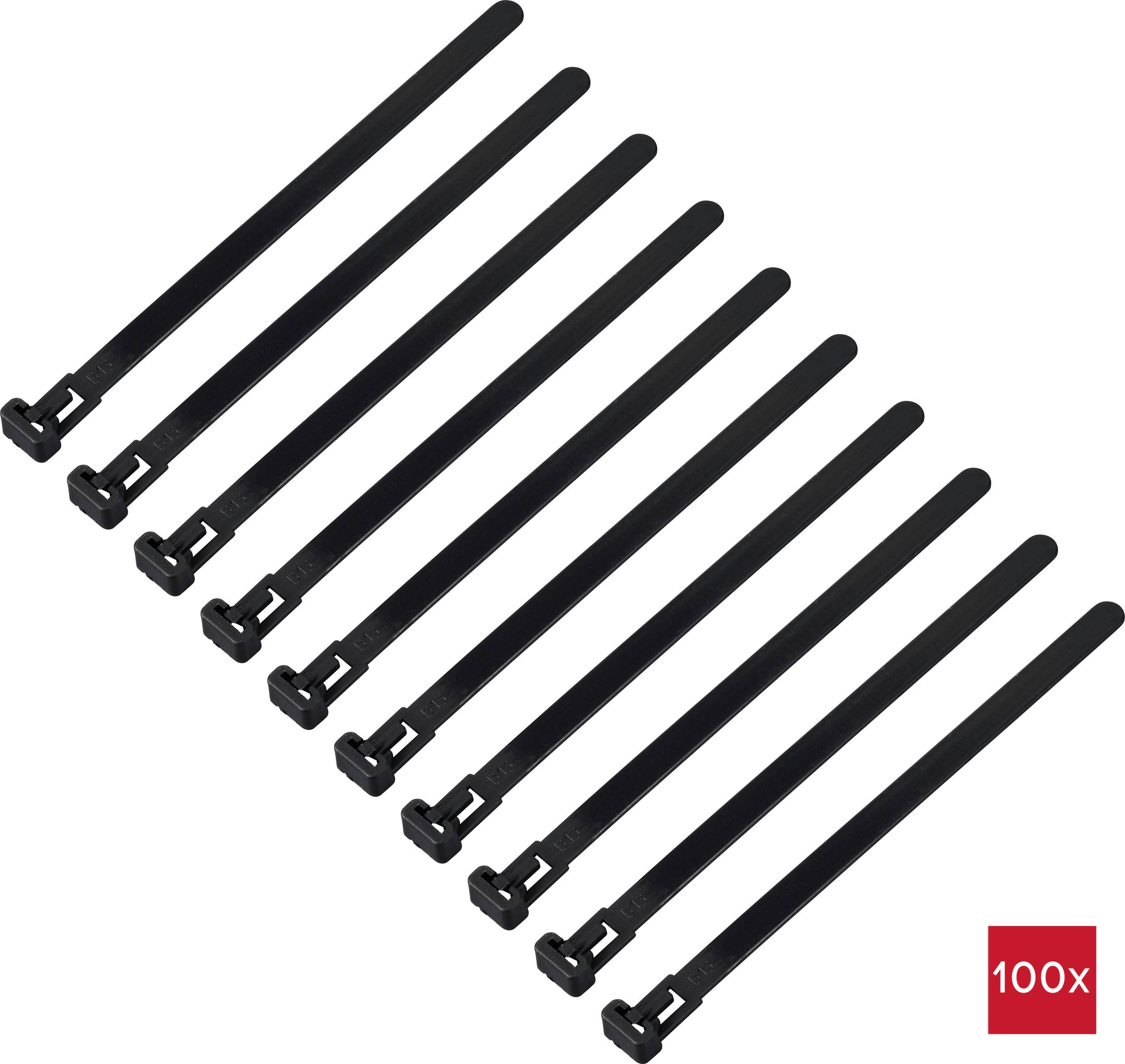 Schwarze Kabelbinder, zehn Stück in einer Reihe nebeneinander, mit rotem Etikett '100x' unten rechts.
