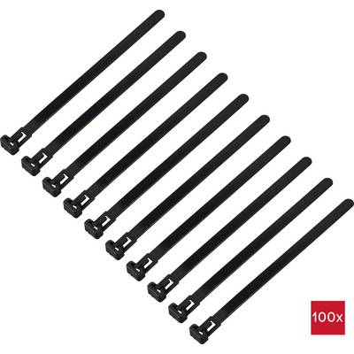Schwarze Kabelbinder, zehn Stück in einer Reihe nebeneinander, mit rotem Etikett '100x' unten rechts.