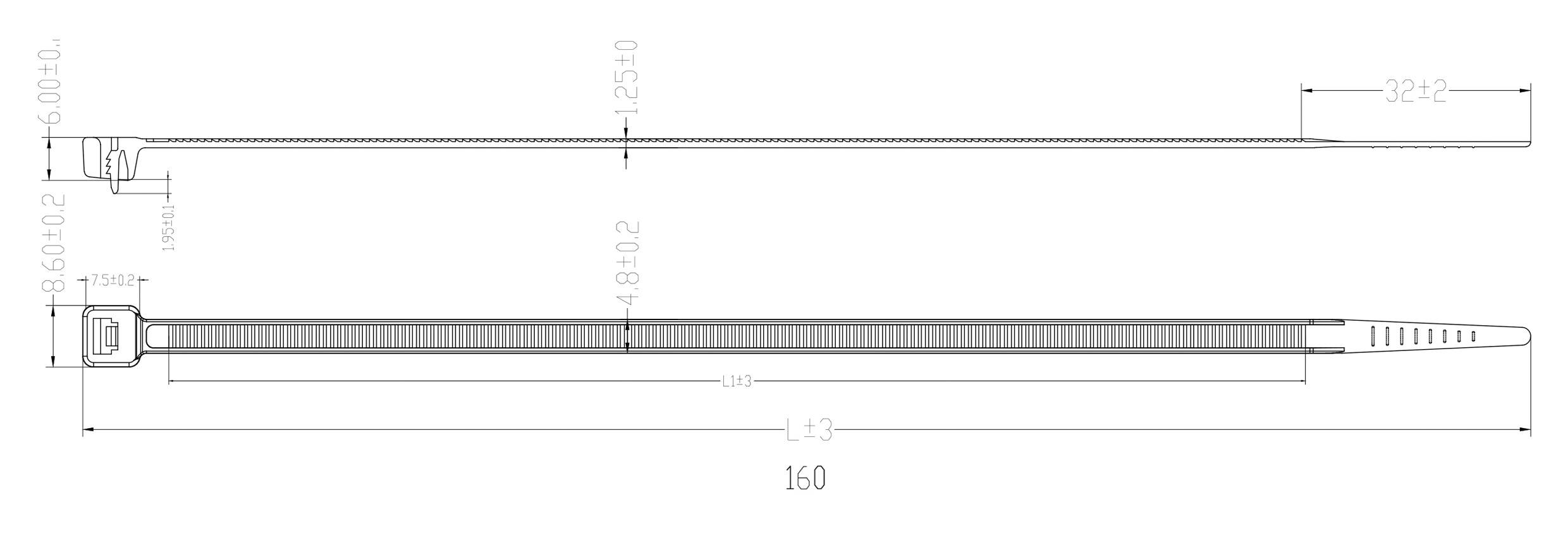 Eine technische Zeichnung von zwei Kabelbindern in unterschiedlichen Ansichten. Beide sind 160 mm lang, mit weiteren Maßen.