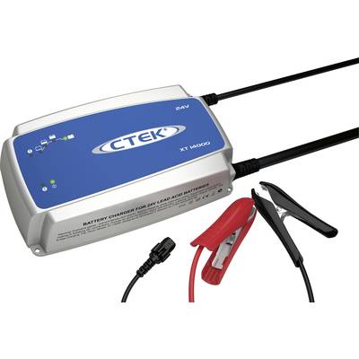 'Ladegerät CTEK XT 14000 für 24V Blei-Säure-Batterien, blaue Oberseite mit Logo, verfügt über Klemmen zum Anschluss an die Batterie.'