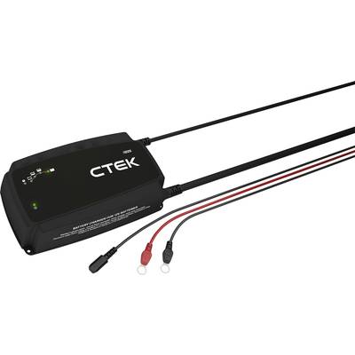 'CTEK' Batterieladegerät mit Anschlusskabeln zur Fahrzeugbatterieladung. Schwarzes Gehäuse mit LED-Anzeigen und Markenname.