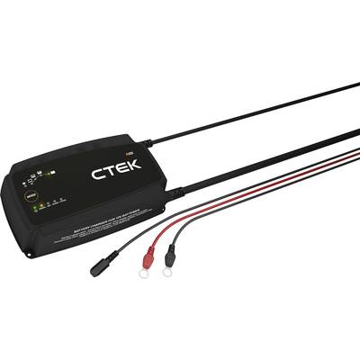 Batterieladegerät mit CTEK-Logo, schwarzem Gehäuse und LED-Anzeigen. Zwei Kabel mit Klemmen für den Anschluss an eine Batterie.