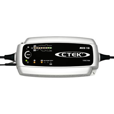 CTEK MXS 10 Batterieladegerät mit Anzeigeleuchten für Ladefortschritt, Modustaste und Kabelanschlüssen, geeignet für 12V/10A.