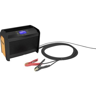 Ein Batterieladegerät mit digitalem Display, langen Kabeln und Klemmen. Geeignet für das Aufladen von Fahrzeugbatterien.