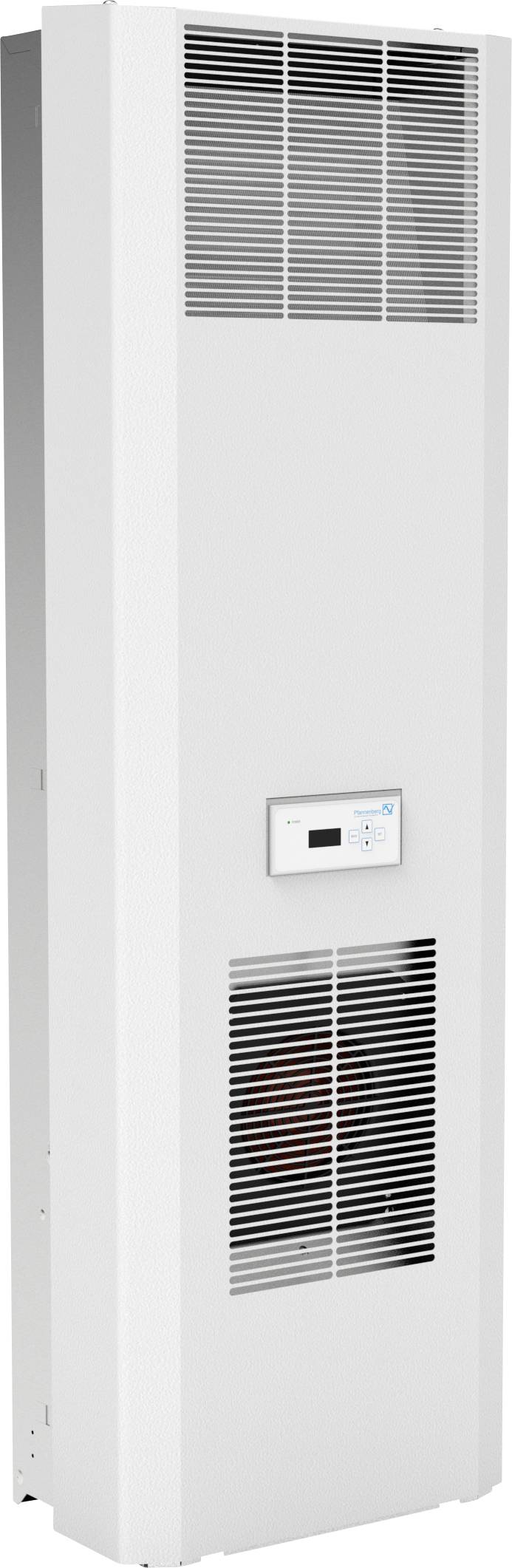 Grauer, wandmontierter Heizkörper mit Lüftungsgitter und elektronischem Display in der Mitte, geeignet für Innenräume.