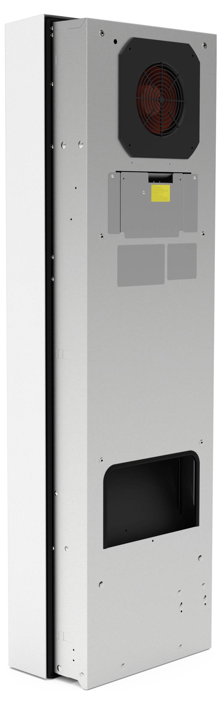 Metallischer Schaltschranklüfter in vertikaler Ausrichtung mit sichtbarem Lüftungsgitter oben. Dient zur Kühlung elektronischer Komponenten.