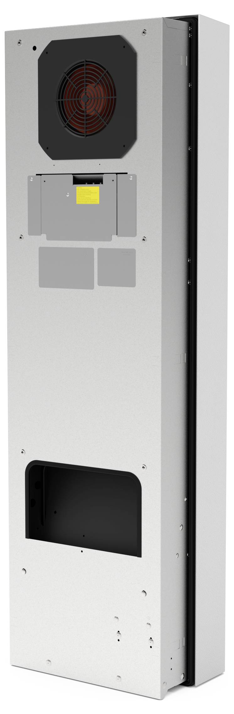 Ein silberfarbener, rechteckiger Kühlschrank mit Belüftungsöffnungen und einem Sichtfenster. Ideal für industrielle Anwendungen.