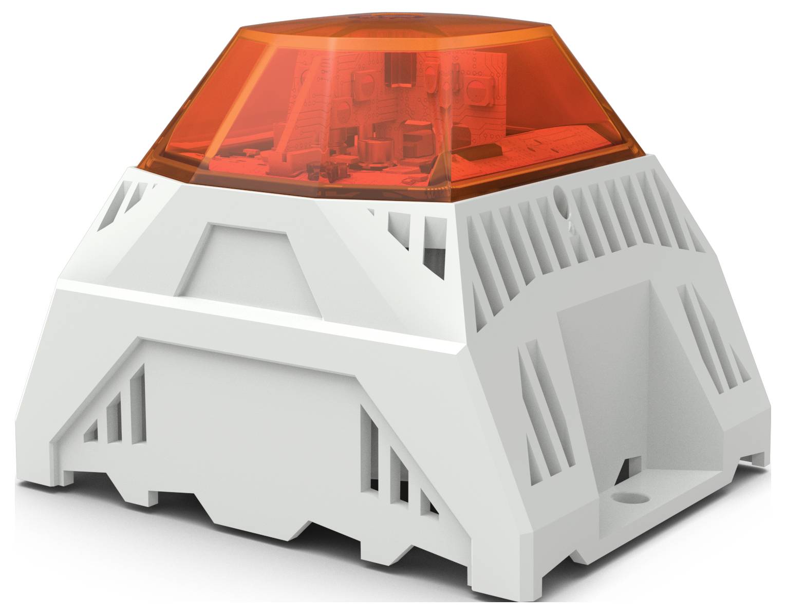 Ein weißes, pyramidenförmiges Gerät mit einem orangefarbenen Licht auf der Oberseite, vermutlich ein Alarm- oder Warnsignal.
