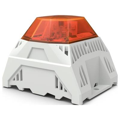 Ein weißes, pyramidenförmiges Gerät mit einem orangefarbenen Licht auf der Oberseite, vermutlich ein Alarm- oder Warnsignal.