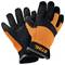 'Stihl'-Arbeitshandschuhe in Schwarz und Orange. Zwei Handschuhe liegen übereinander, zeigen robustes Material für Schutz und Komfort.