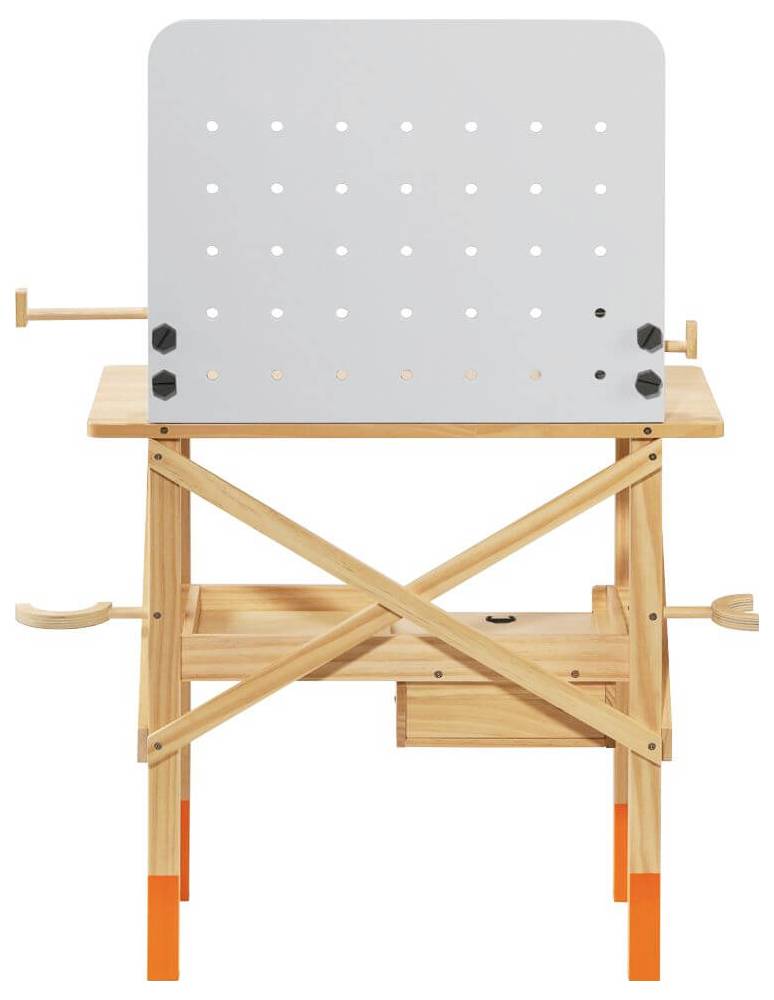 Holzwerkbank mit Lochplatte und orangenen Füßen. Die Platte hat viele Löcher und Halterungen, geeignet zum Heimwerken oder Basteln.