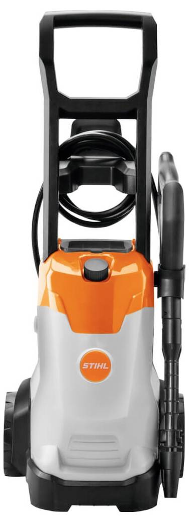 Ein Hochdruckreiniger mit orangem und grauem Gehäuse, markiert mit dem Logo 'Stihl'. Gerät mit Schlauch und Handgriff.