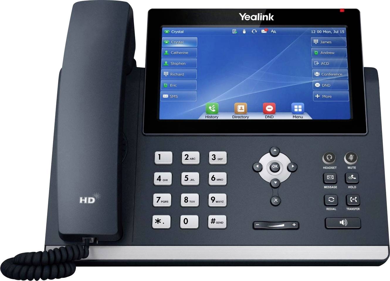 Ein Telefon mit großem Display zeigt eine Menüoberfläche mit Apps. Bedienelemente zur Anrufsteuerung sind darunter sichtbar.
