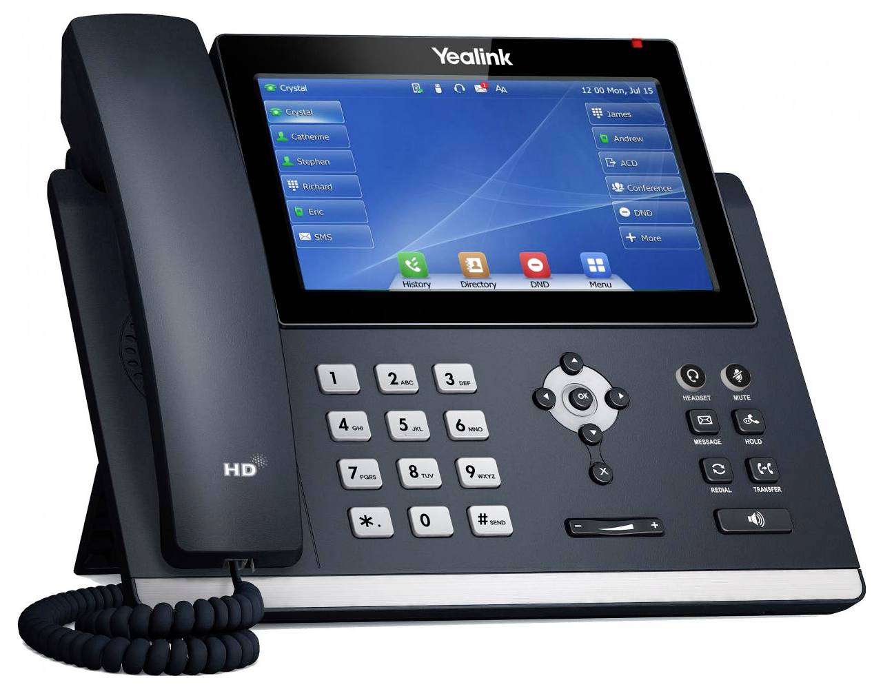 Ein Büro-Telefon mit großem Display zeigt ein Menü mit Anrufoptionen und Kontakten. Tastenfeld und Hörer sind sichtbar.