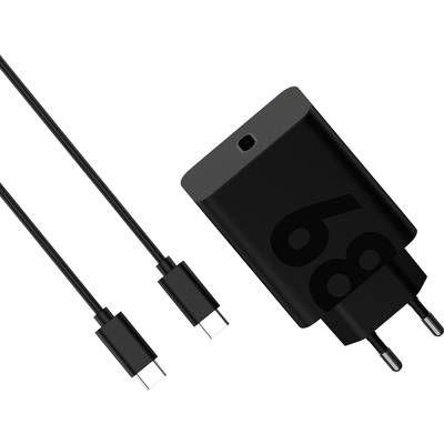 Schwarzes Ladegerät mit USB-C-Kabel, Stecker für europäische Steckdosen. Geeignet für schnelles Laden elektronischer Geräte.
