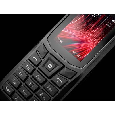 Ein klassisches Mobiltelefon mit Tasten, auf dessen Bildschirm rote Linien angezeigt werden. Oben stehen 'Menu' und 'Contacts'.