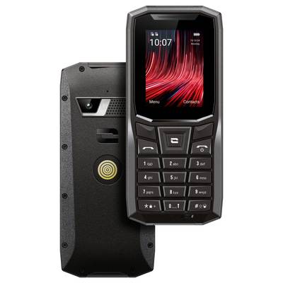 Robustes Mobiltelefon mit Tasten, kleinem Bildschirm, Kamera auf der Rückseite. Zeigt '10:07', 'Menu' und 'Contacts' auf dem Display.