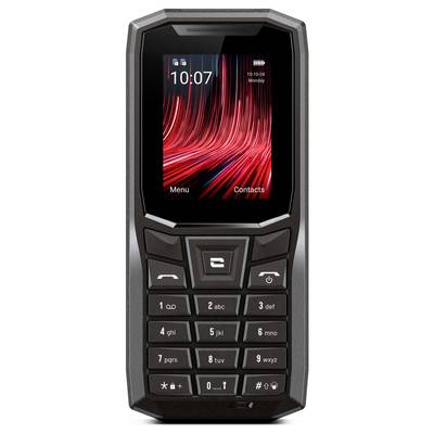 Schwarzes, robustes Mobiltelefon mit physischen Tasten und kleinem Bildschirm, auf dem die Uhrzeit '10:07' angezeigt wird.