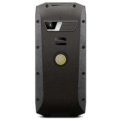 Ein robustes Smartphone mit einer Kamera und einem runden, gelben Designelement auf der Rückseite. Geeignet für Outdoor-Einsätze.