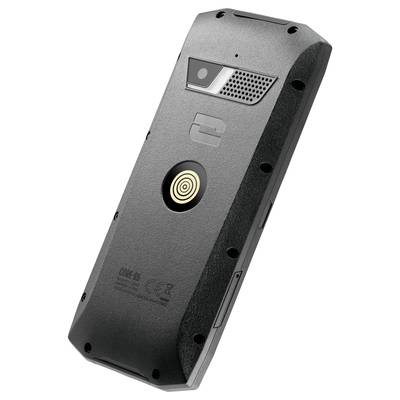 Rückansicht eines robusten Mobiltelefons mit Kamera, Mikrofon und goldener Ladeschnittstelle in der Mitte. Rechteckige, robuste Form.