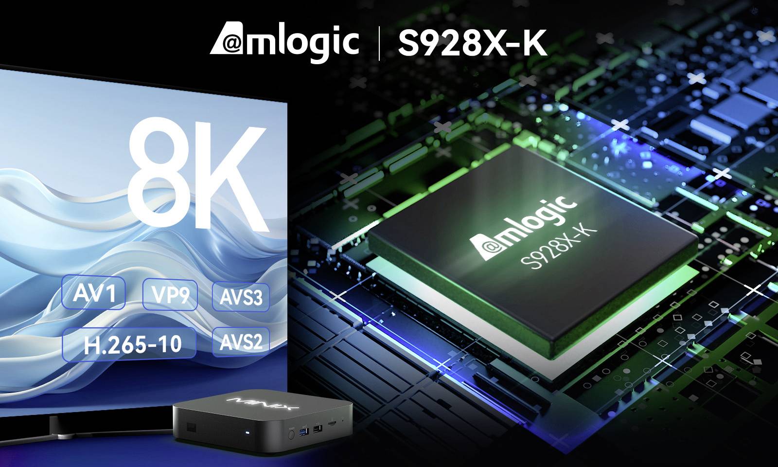 Ein Fernseher zeigt '8K', unterstützt AV1, VP9, H.265-10, AVS3, AVS2. Daneben liegt ein Elektronikchip mit der Aufschrift 'Amlogic S928X-K'.
