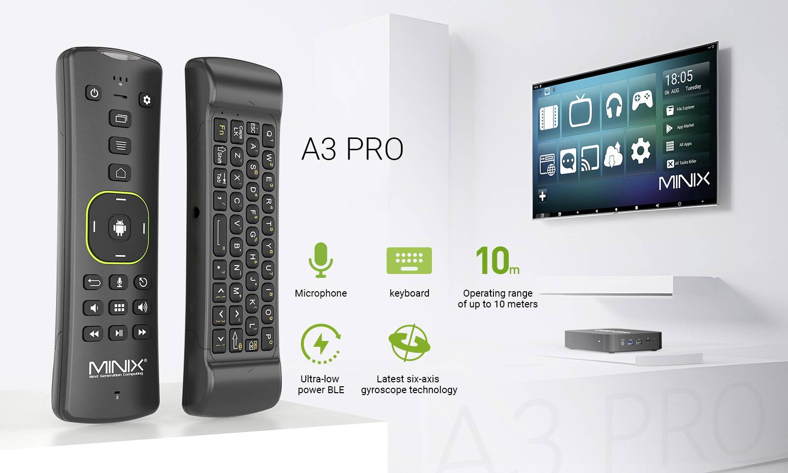 Fernbedienung MINIX A3 PRO mit Tastatur und Mikrofon, Reichweite bis 10 Meter. Auf einem Fernseher wird das MINIX-Logo angezeigt.