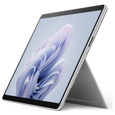 Ein Tablet auf einem Ständer mit einem blauen, abstrakten Hintergrund auf dem Bildschirm.